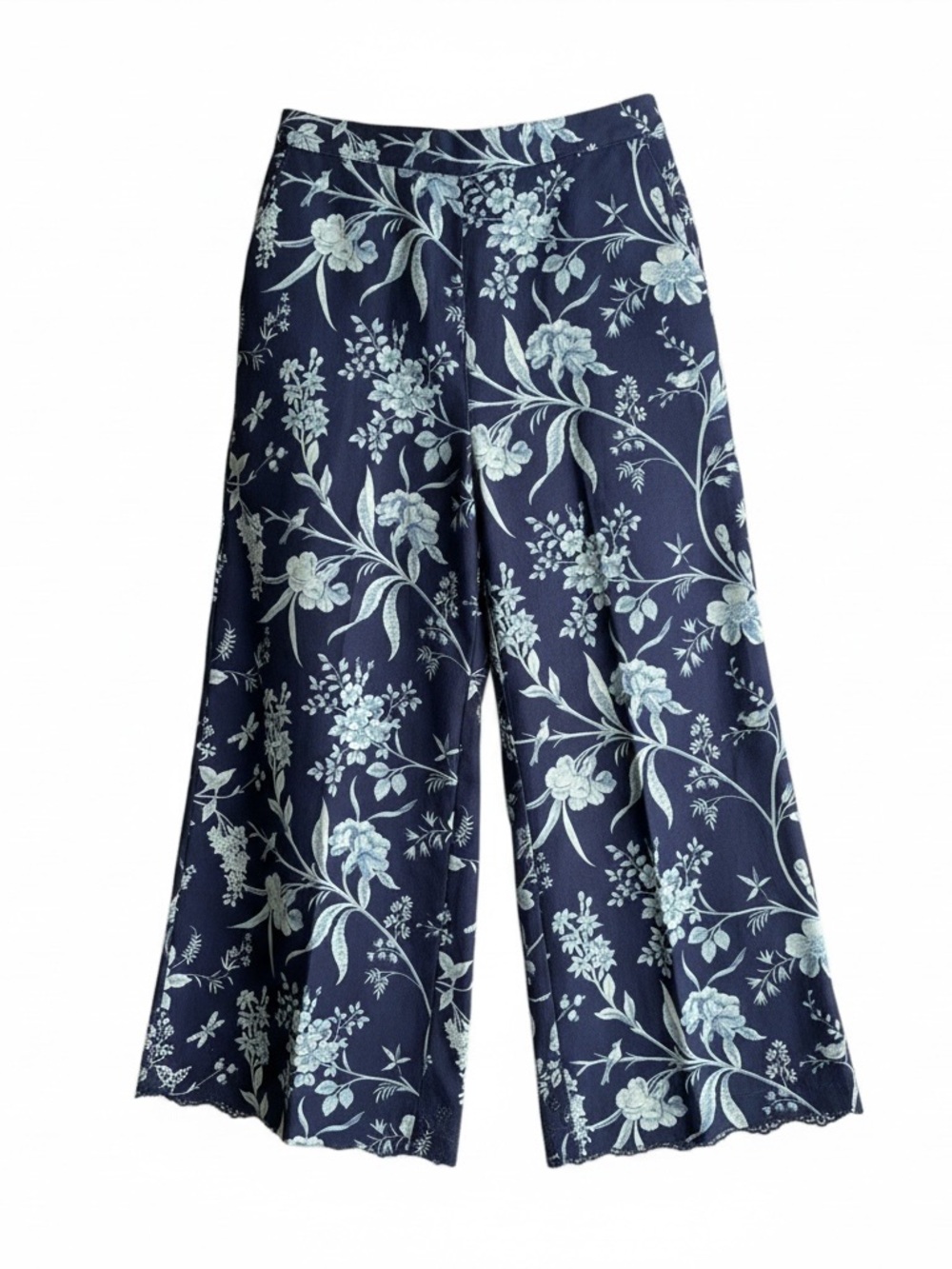Laura Ashley Blue Floral Linen Cotton Wide Leg Pants Large French Country Chic